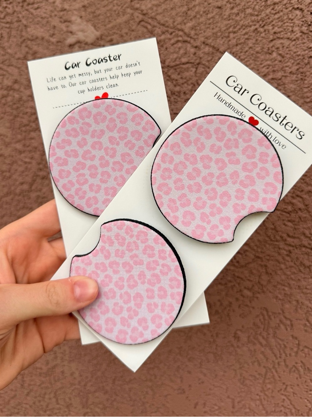 Pink Cheetah/Leopard Car Coasters | Set of 2